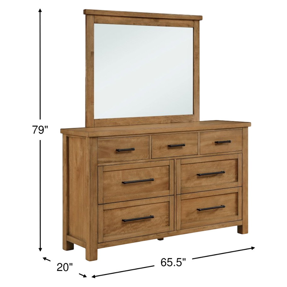 Brown wooden dresser with 6 drawers and rectangular mirror, black metal pulls.