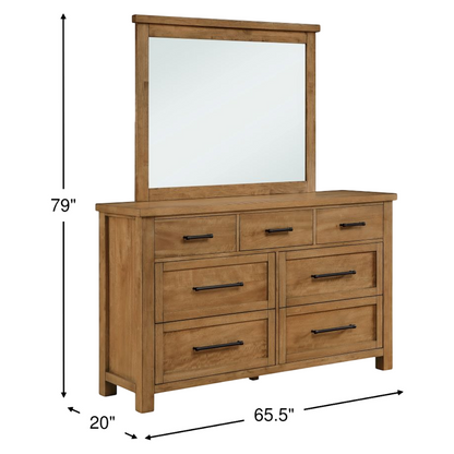 Brown wooden dresser with 6 drawers and rectangular mirror, black metal pulls.