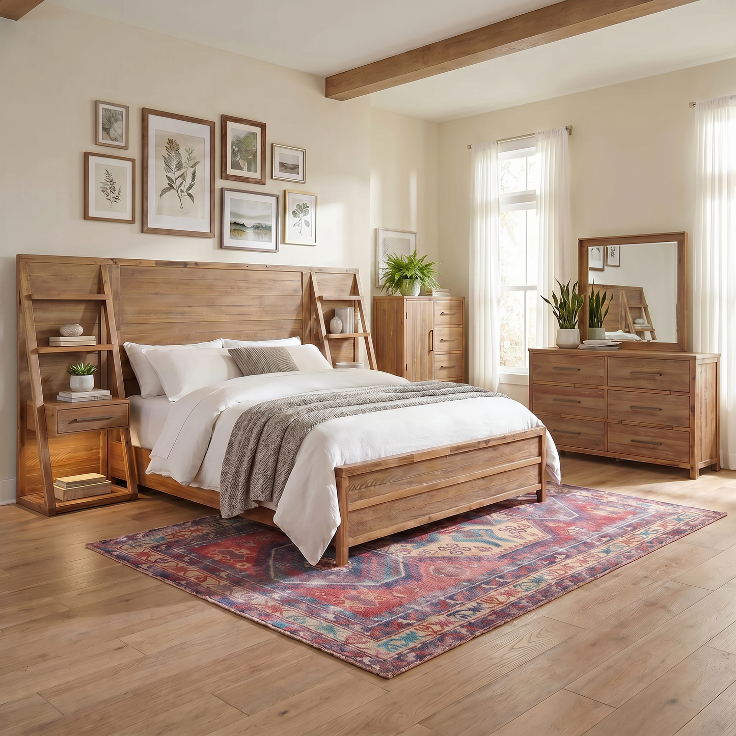 Wood wall bed with built-in headboard shelves, queen mattress, and white bedding