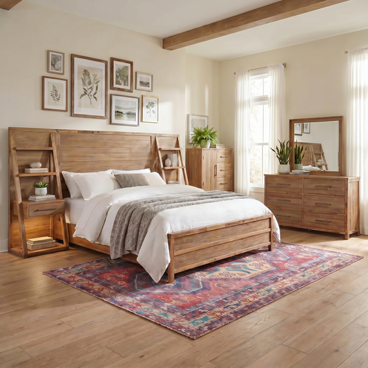 Wood wall bed with built-in headboard shelves, queen mattress, and white bedding