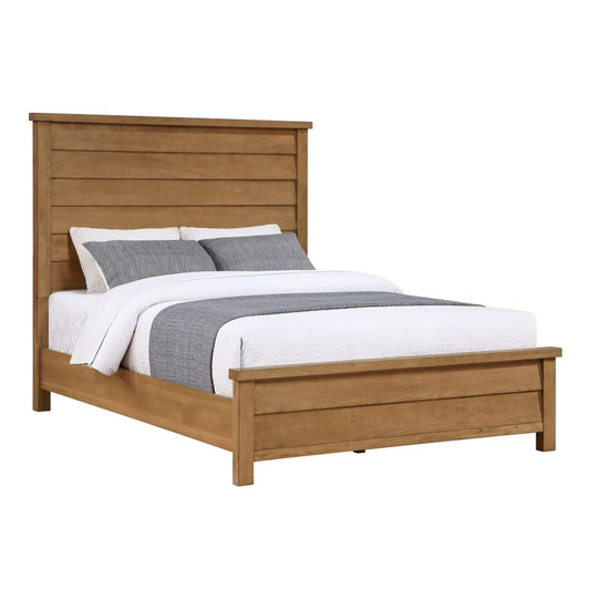 Marley wooden bed with paneled headboard and footboard, dressed in white and gray bedding