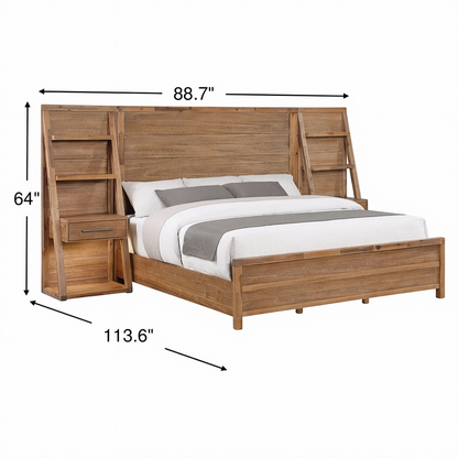 Wall-mounted queen bed with light wood frame and gray-and-white bedding