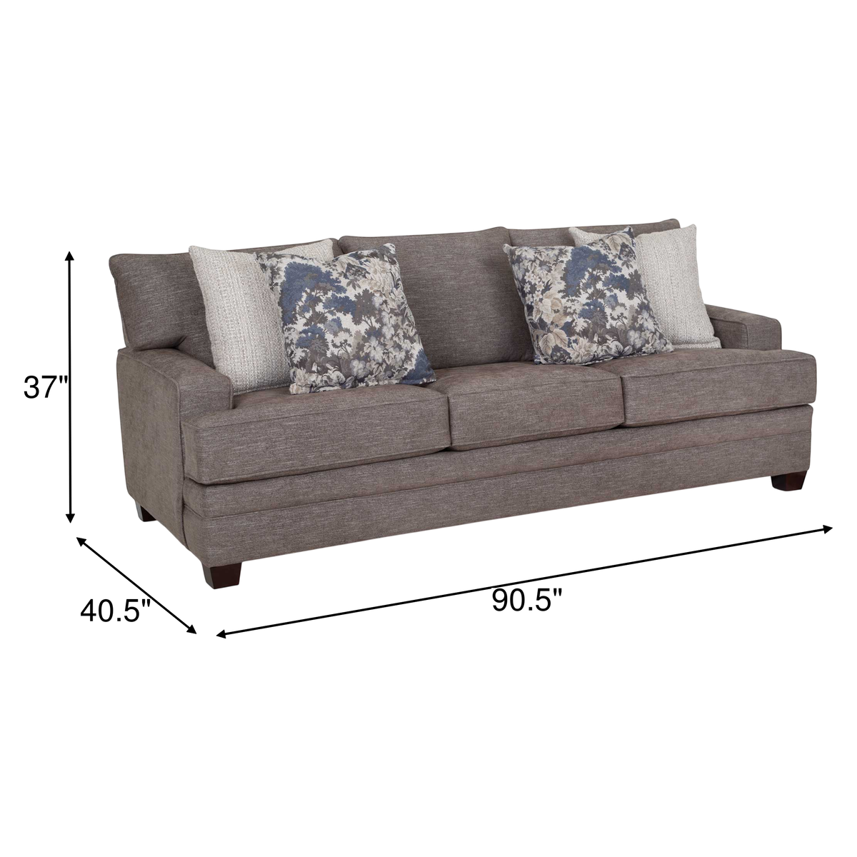 Gray fabric sofa with three seat cushions and two floral throw pillows