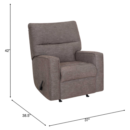 Gray fabric upholstered recliner chair with tall back and padded armrests