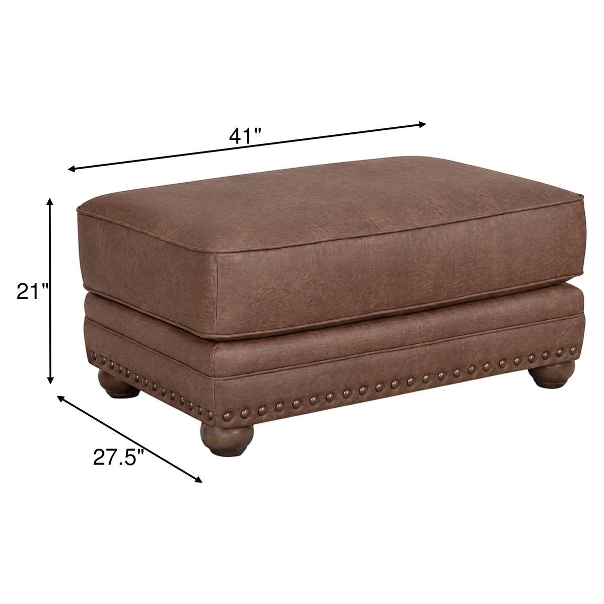 Dark brown upholstered ottoman with padded top, studded trim, and short turned legs