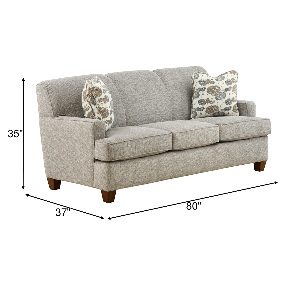 Beige sofa with two patterned pillows, dimensions shown: 80" wide, 37" deep