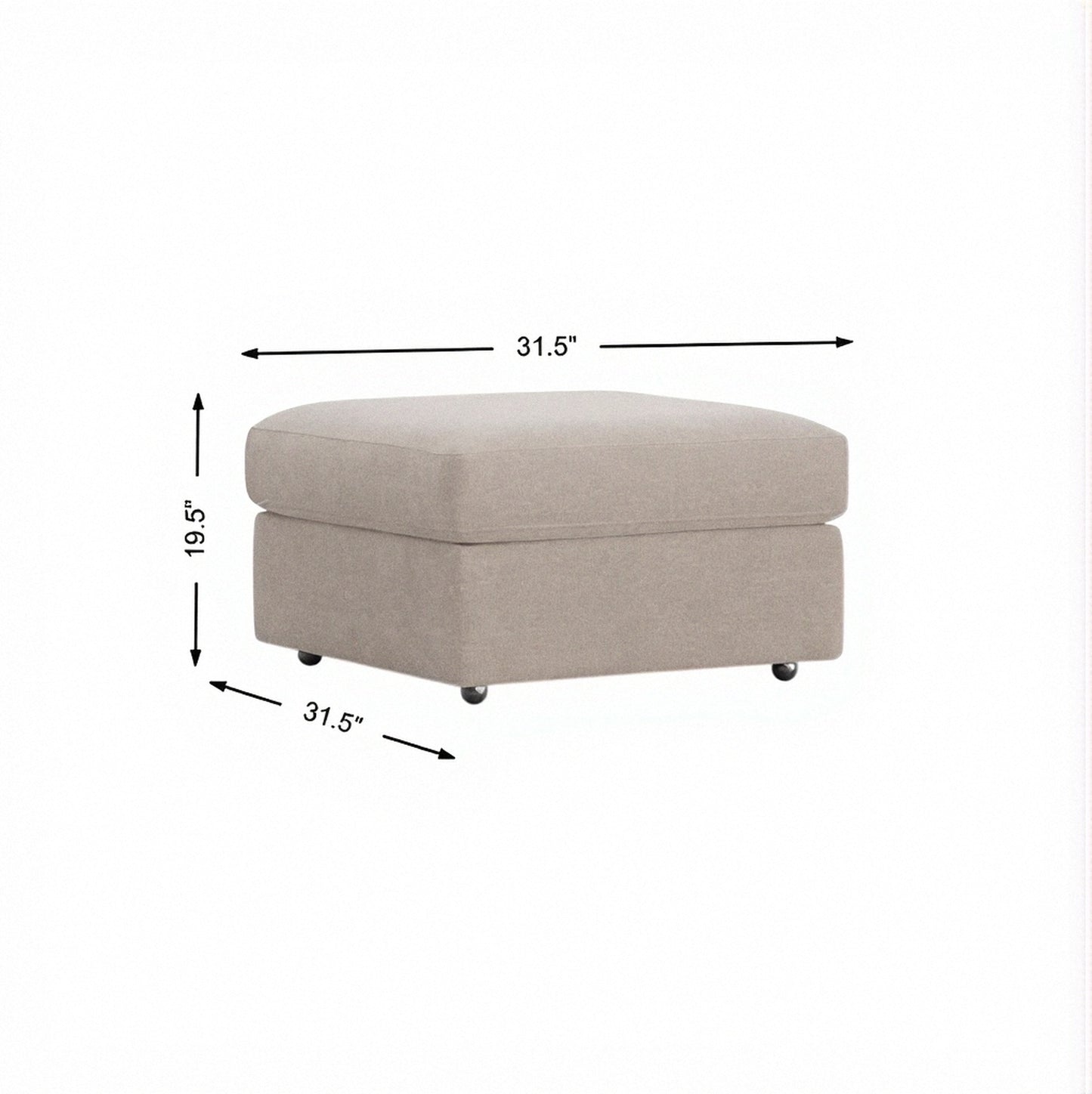 Storage ottoman, light stone fabric with hinged top and tapered legs.