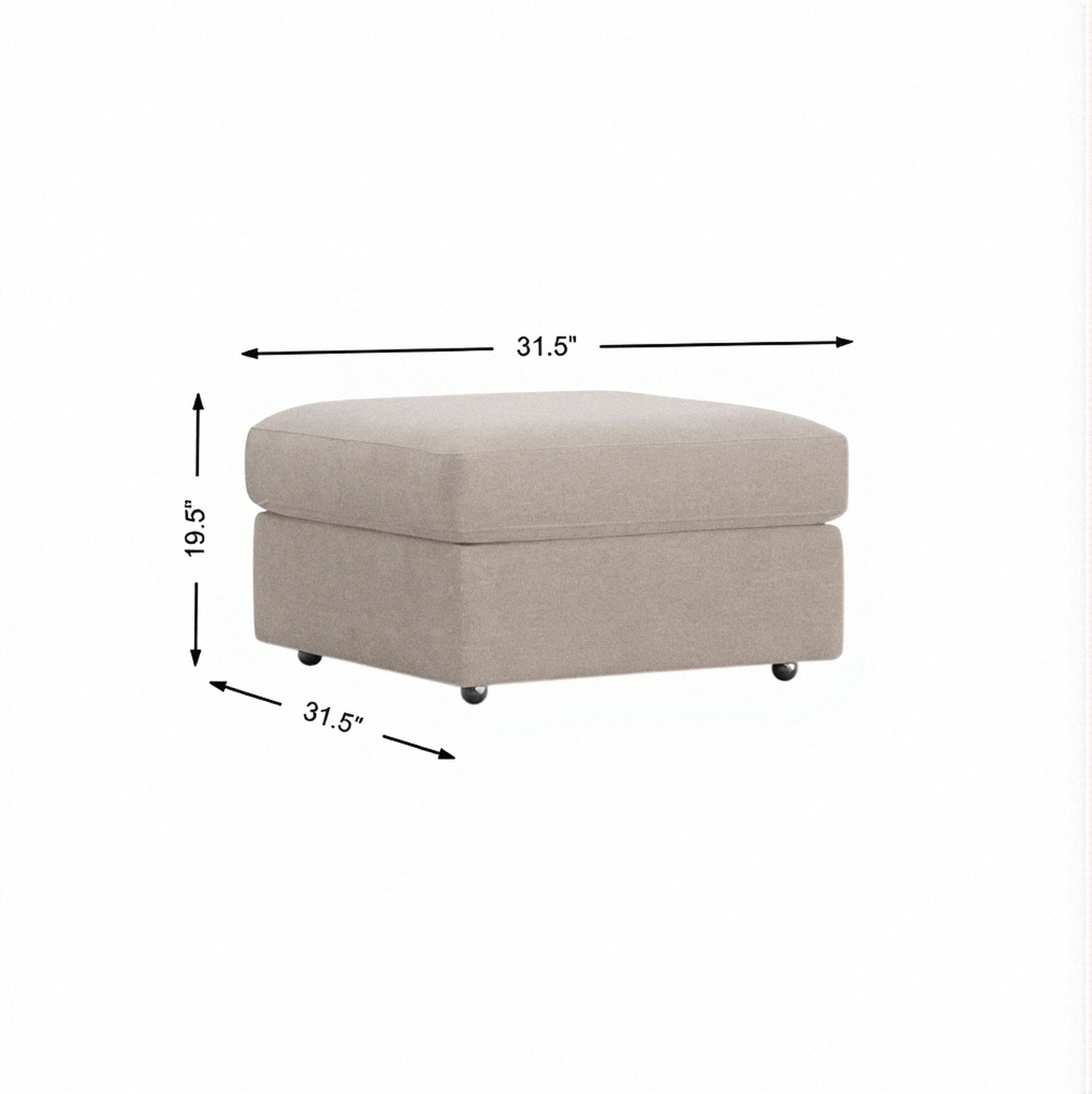 Storage ottoman, light stone fabric with hinged top and tapered legs.