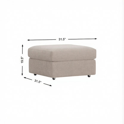 Storage ottoman, light stone fabric with hinged top and tapered legs.
