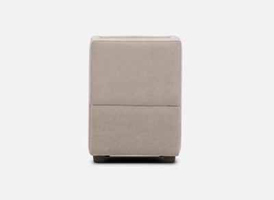 Light stone beige upholstered console ottoman with vertical front seam and short legs