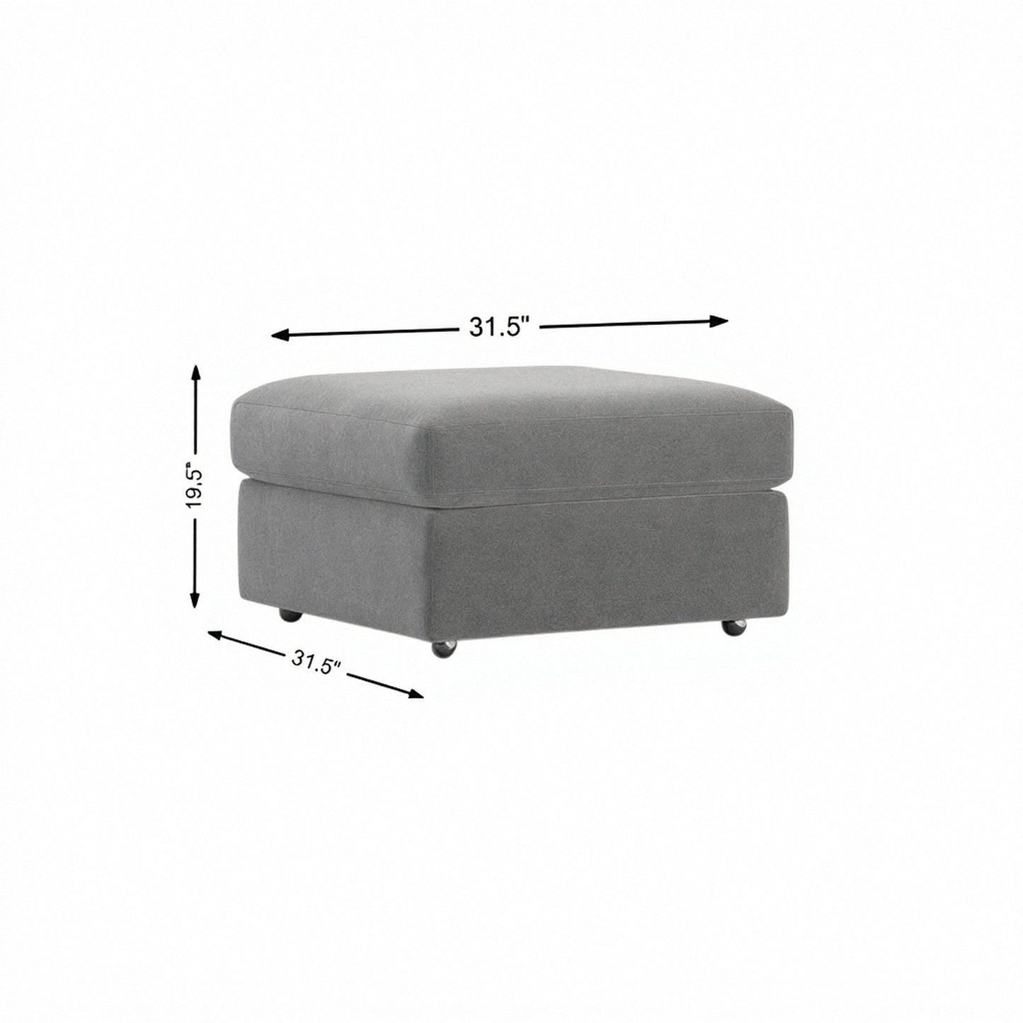 Storage ottoman in light gray fabric, padded top with hinged lid and legs.
