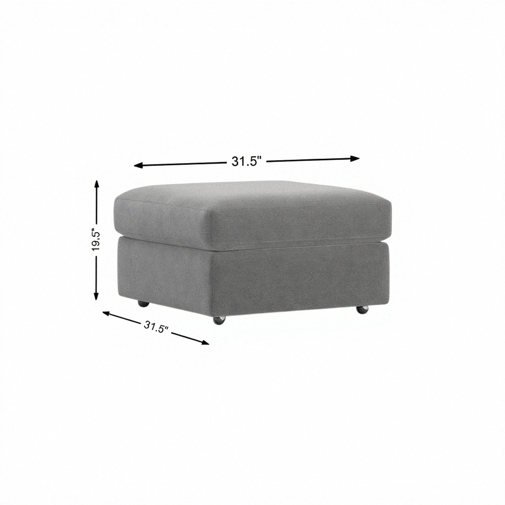Storage ottoman in light gray fabric, padded top with hinged lid and legs.