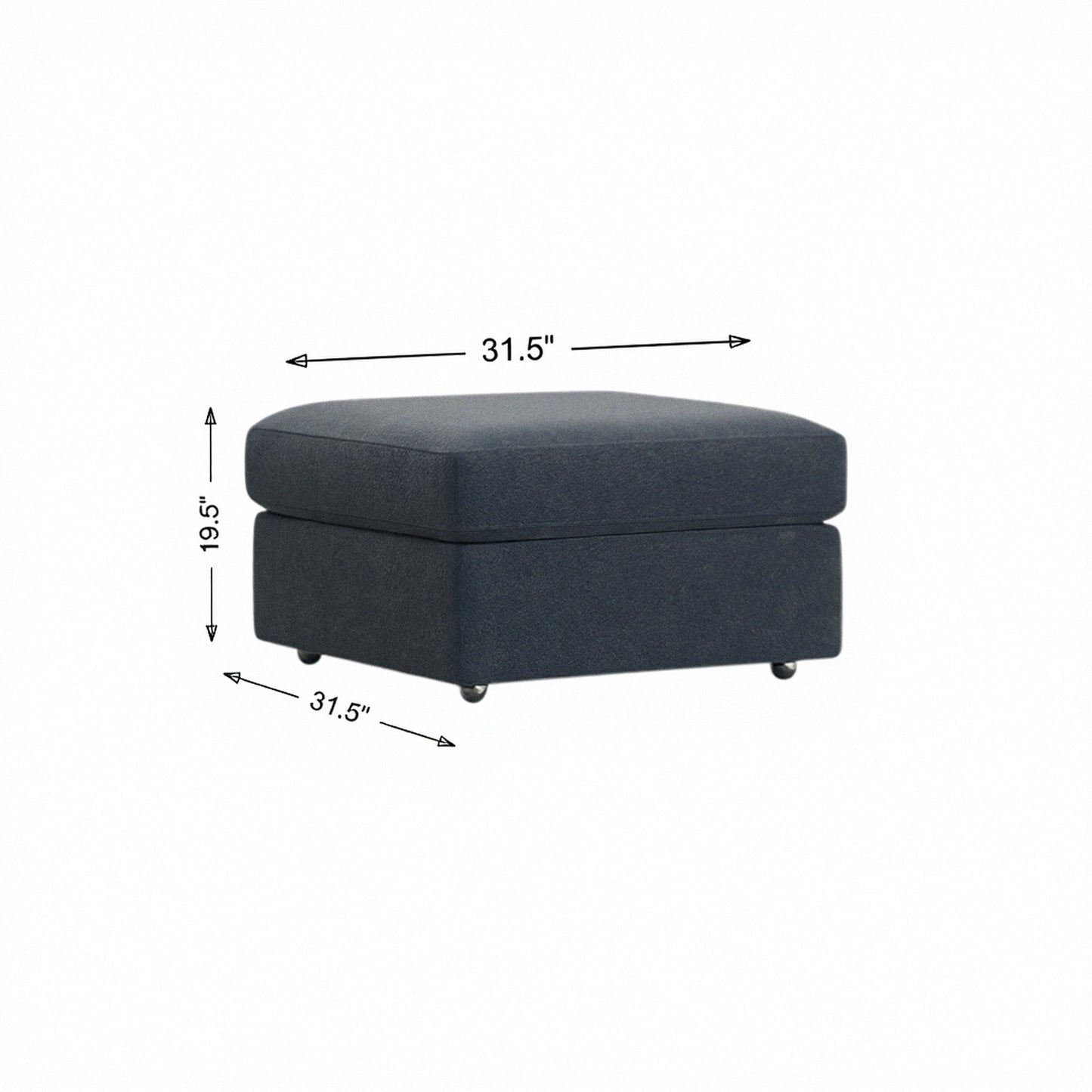 Storage ottoman in dark navy fabric, hinged lid and four tapered legs.