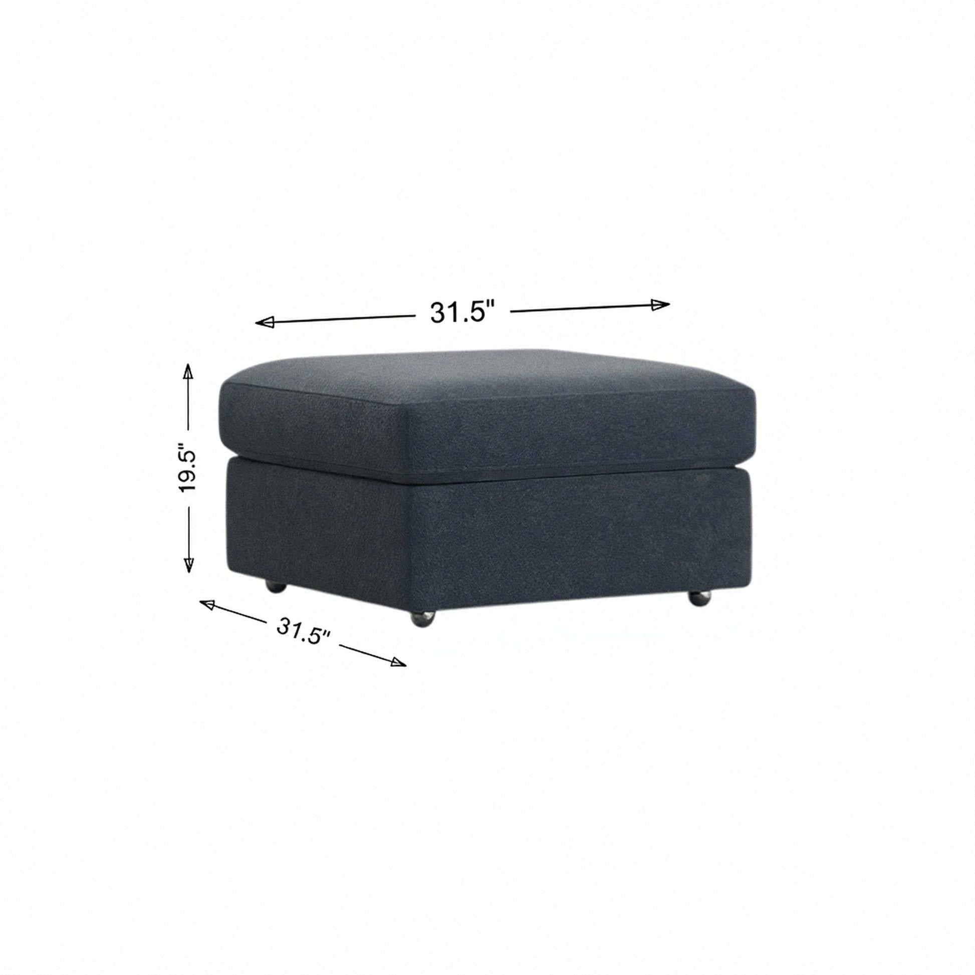 Storage ottoman in dark navy fabric, hinged lid and four tapered legs.