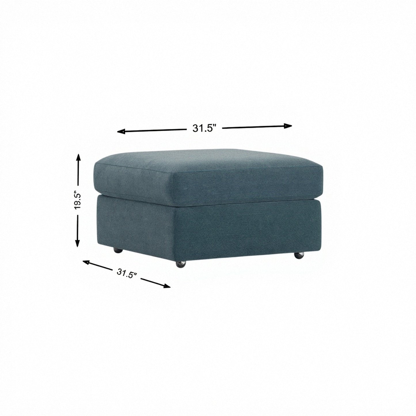 Storage ottoman in teal fabric, cushioned hinged lid and tapered legs.