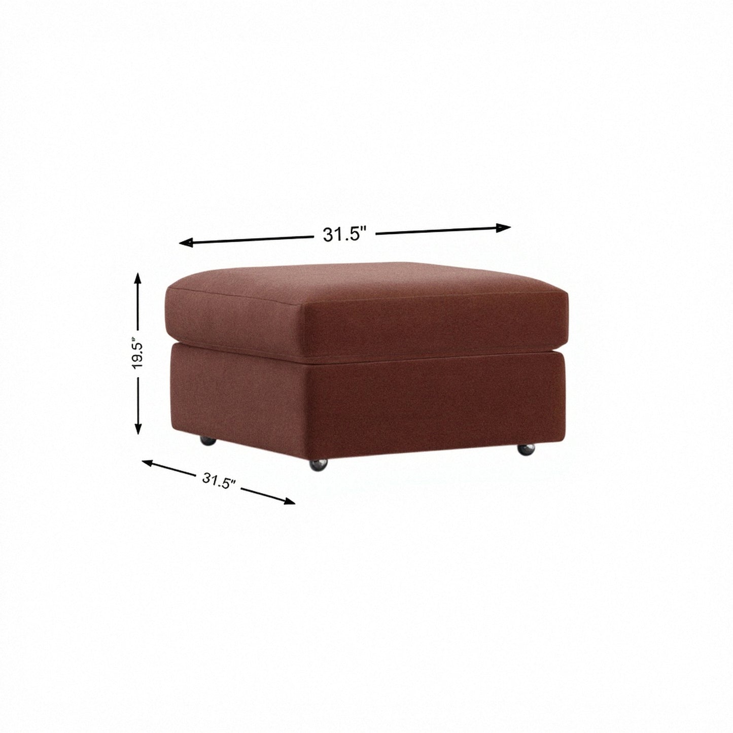 Storage ottoman in merlot fabric, padded hinged lid and tapered legs.