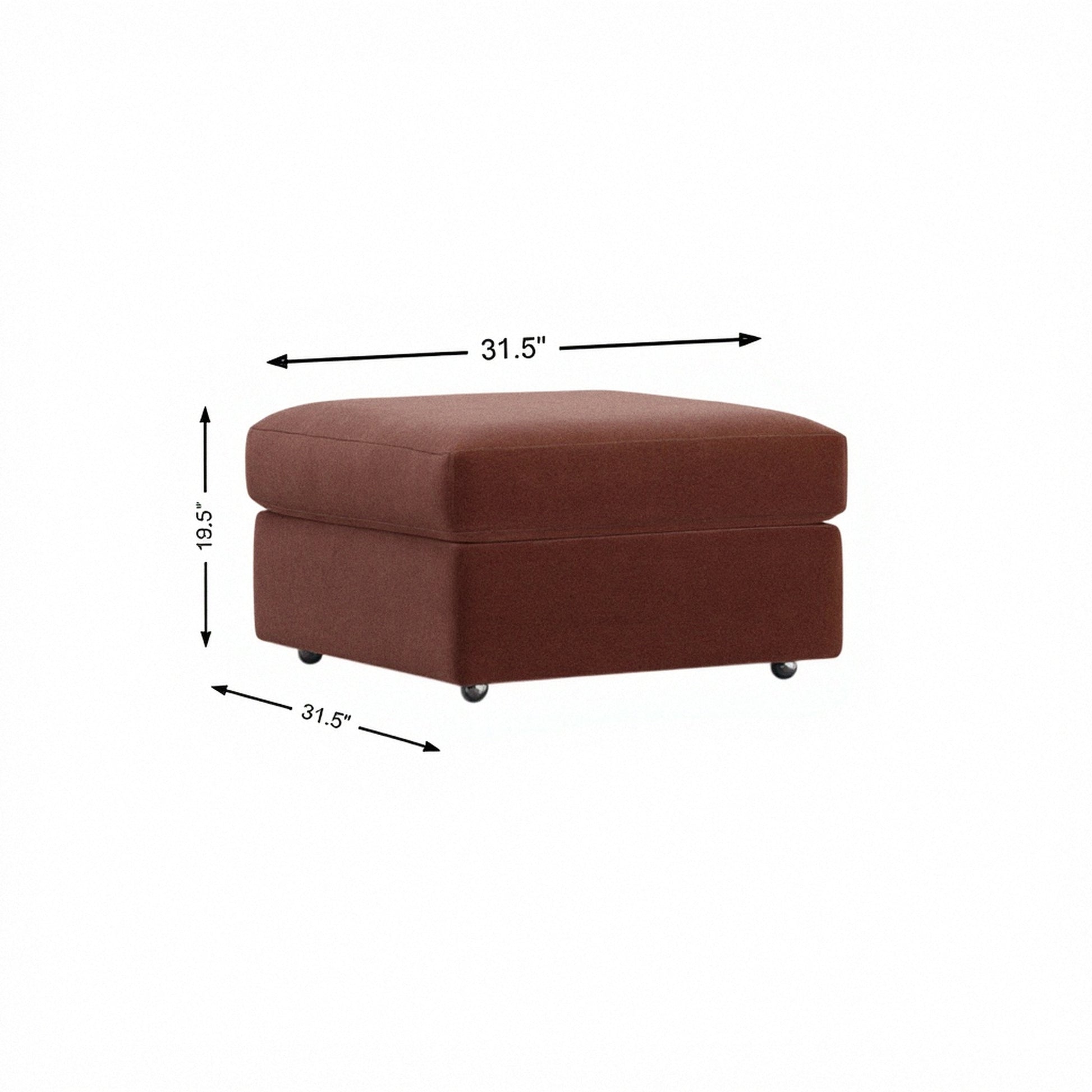 Storage ottoman in merlot fabric, padded hinged lid and tapered legs.