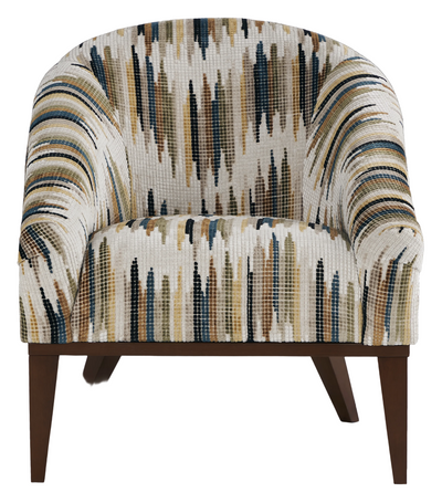 Accent chair with rounded back, cream fabric with blue-black brushstroke pattern, dark front legs