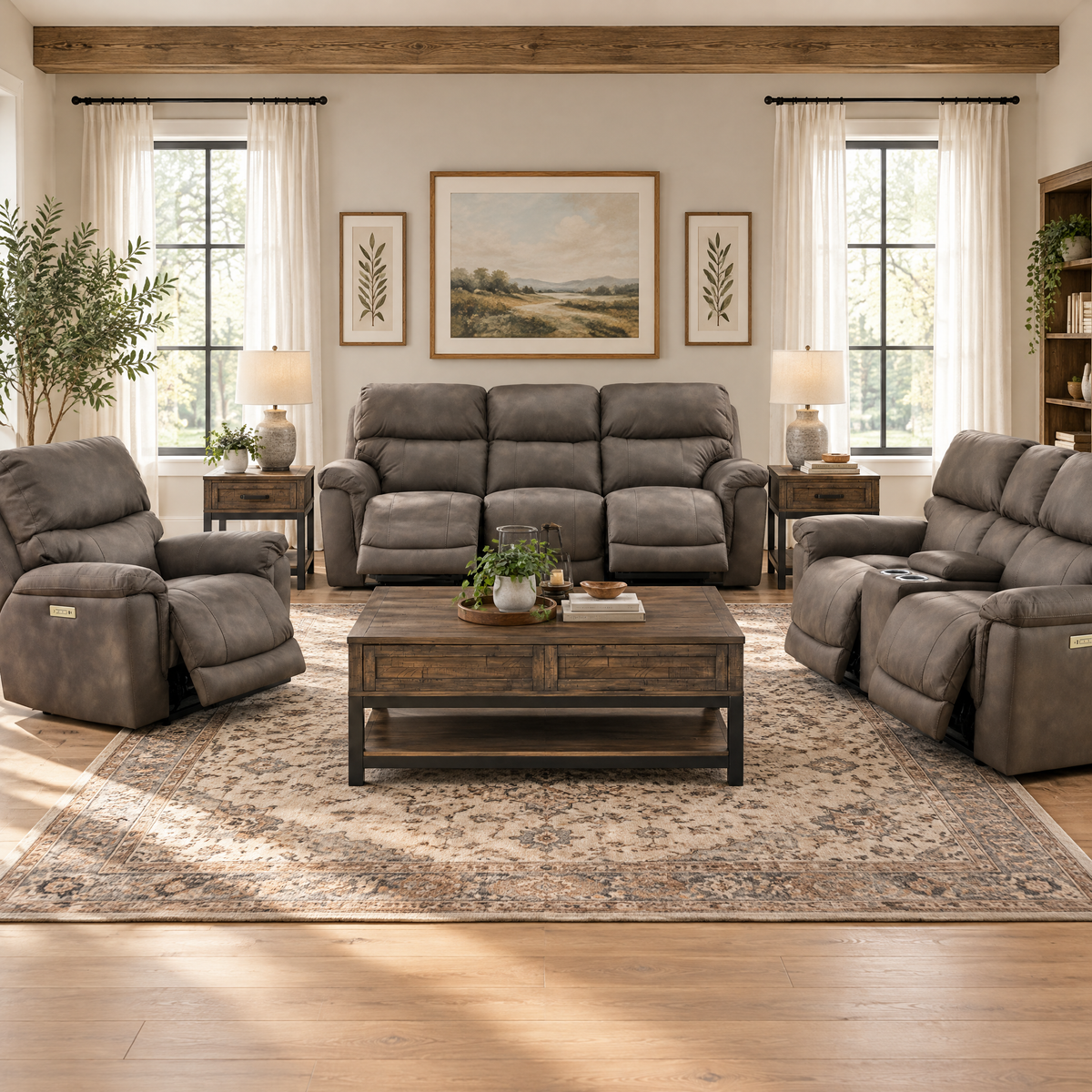 Pewter reclining console loveseat with three power recline seats and padded armrests