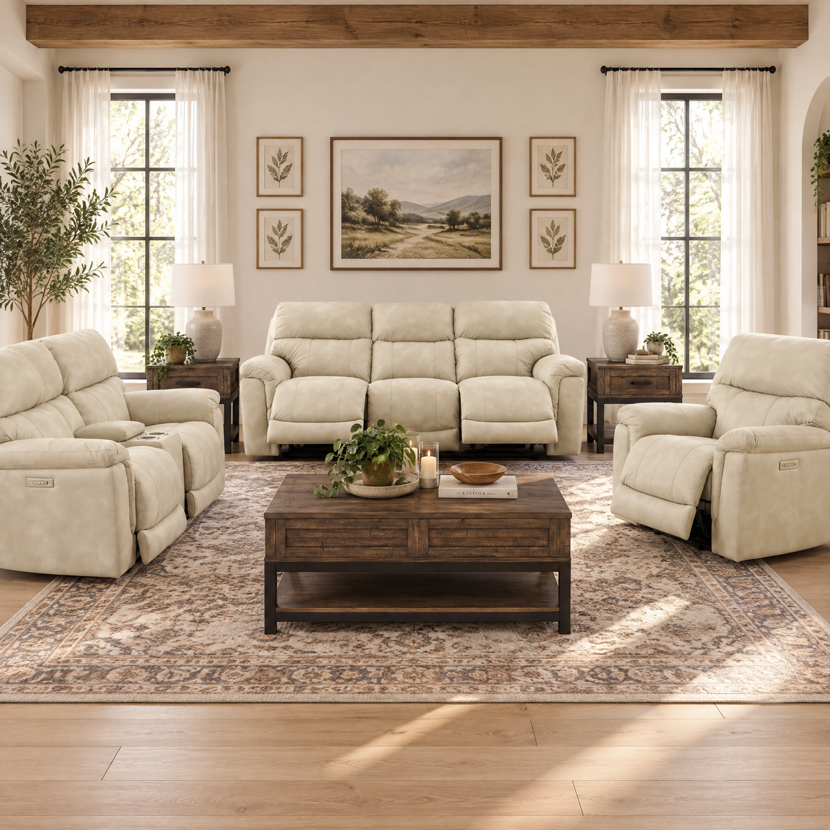 Taupe reclining console loveseat with three power recline seats and padded armrests
