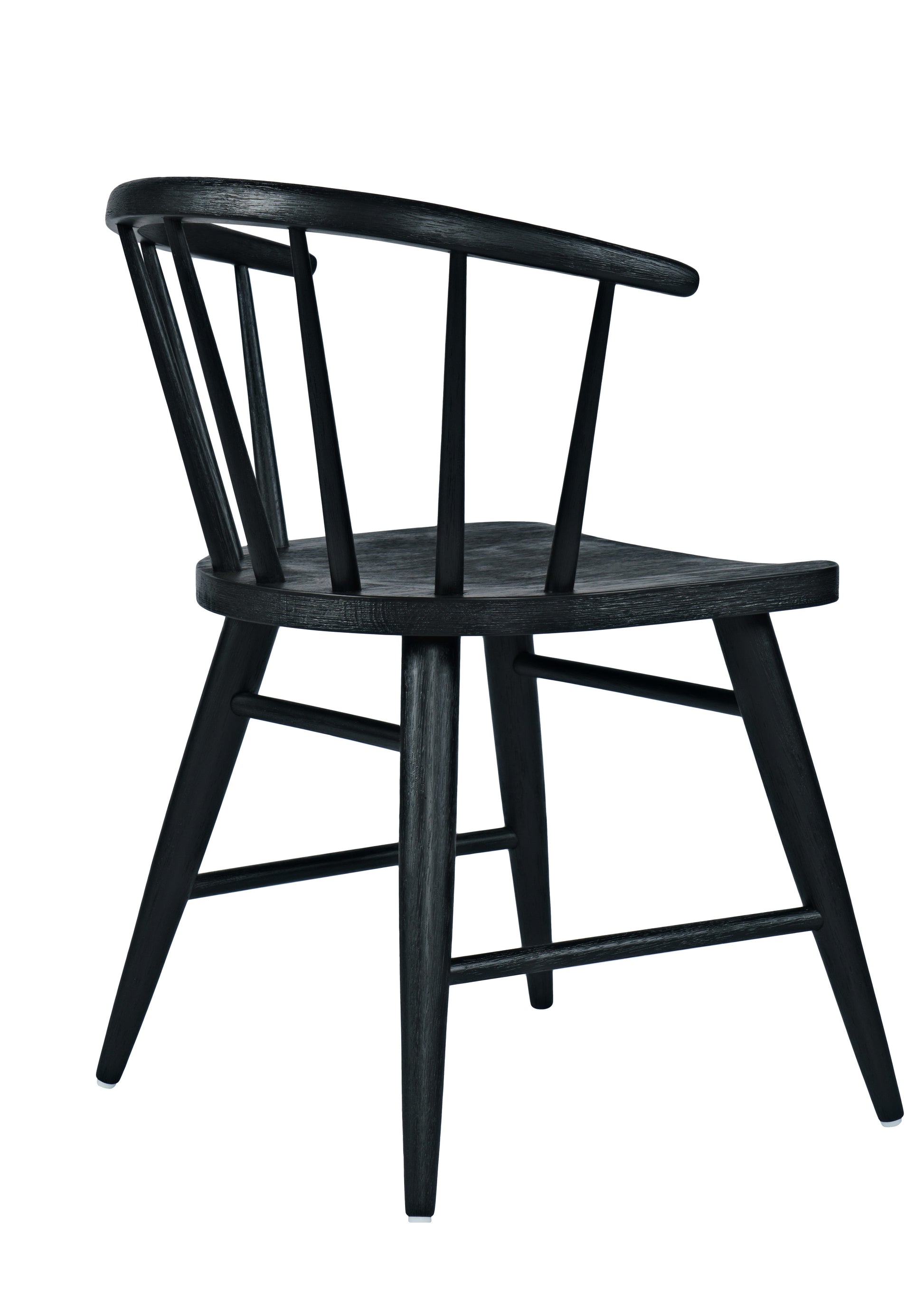 Black wood dining chair with slat back and curved armrest, four angled legs