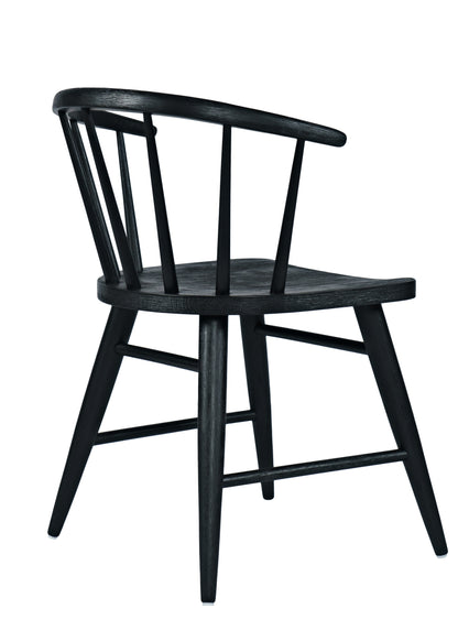 Black wood dining chair with slat back and curved armrest, four angled legs