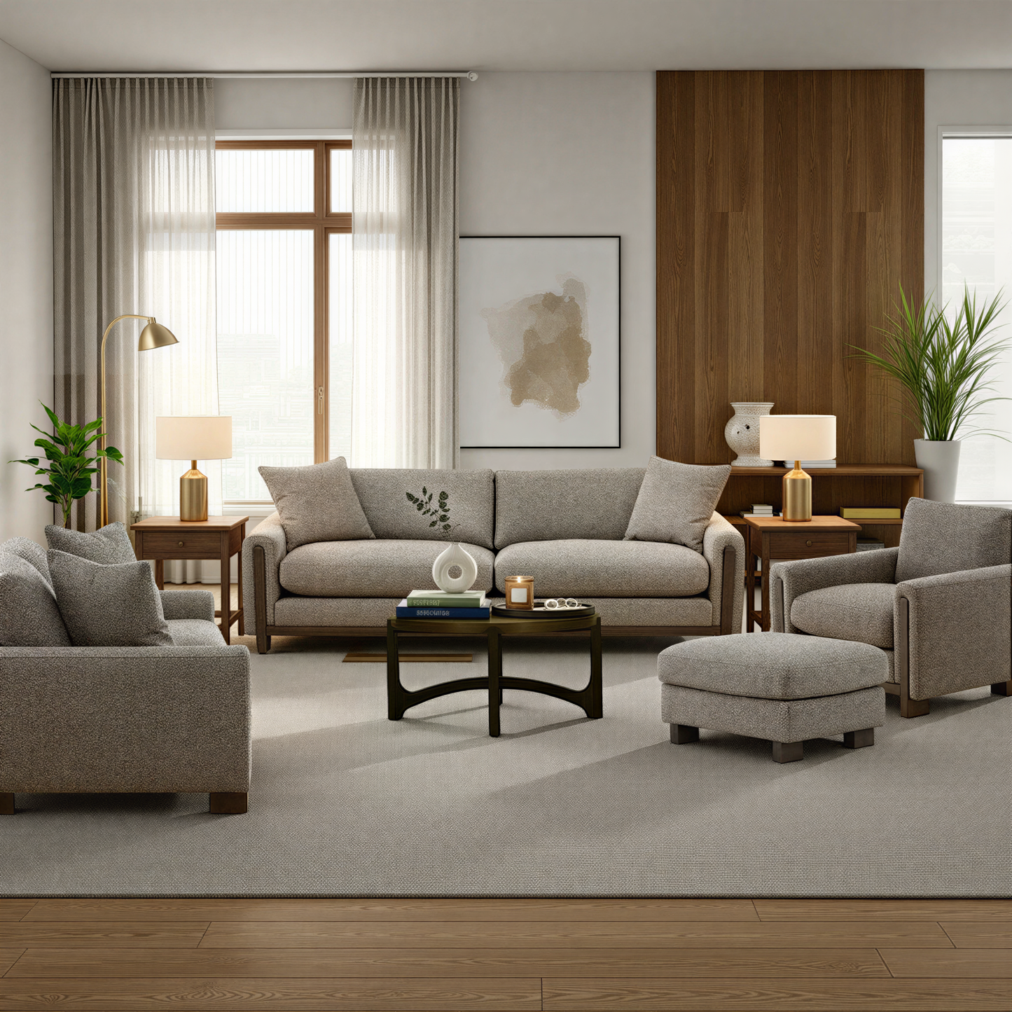 Gray fabric sofa with track arms, two seat cushions, and three back cushions.