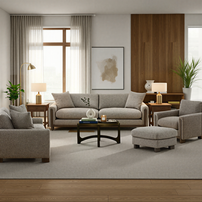 Gray fabric sofa with track arms, two seat cushions, and three back cushions.