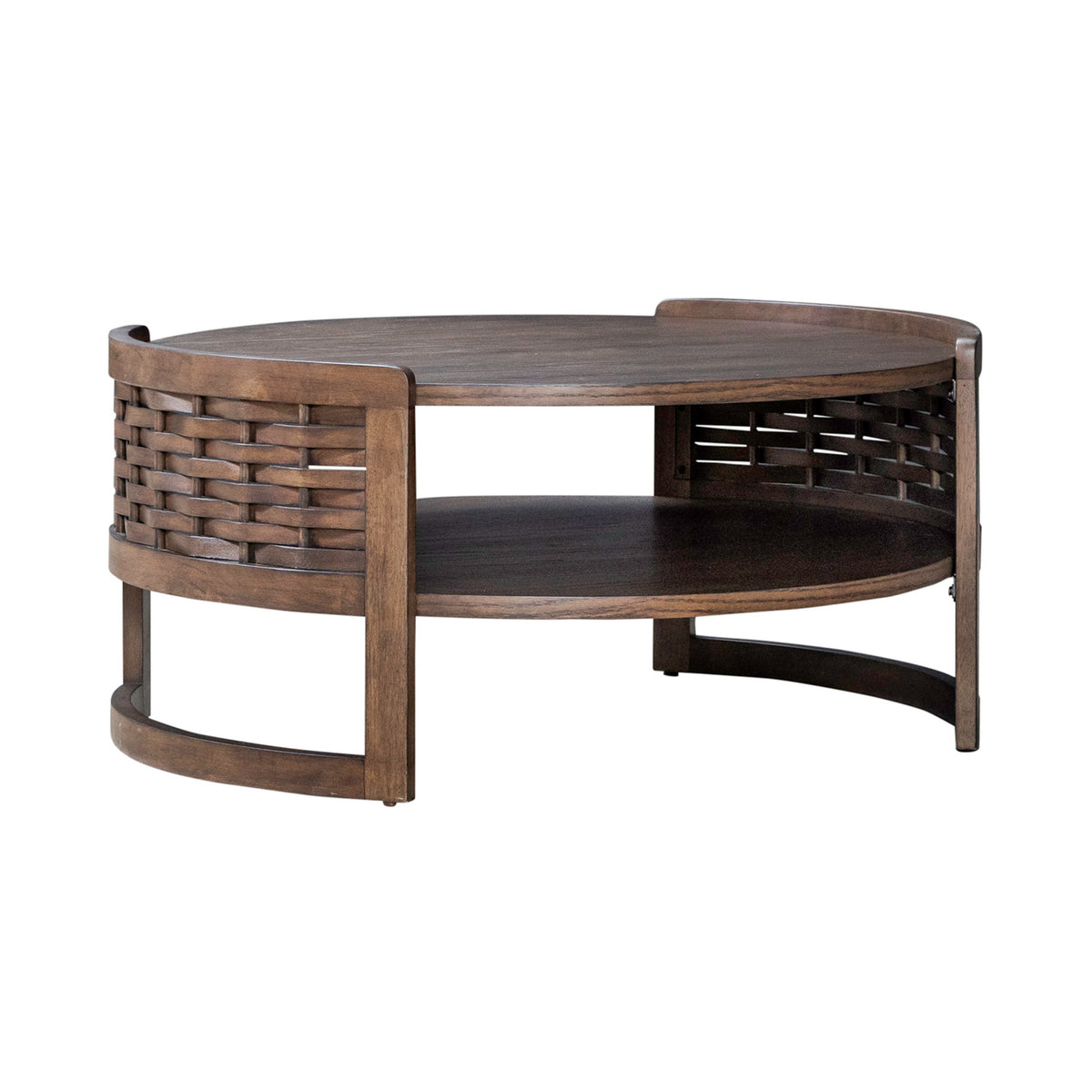 Round wooden coffee table with two-tier shelf and woven basket-style side panels