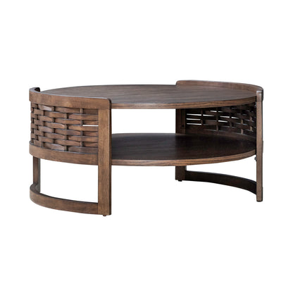 Round wooden coffee table with two-tier shelf and woven basket-style side panels