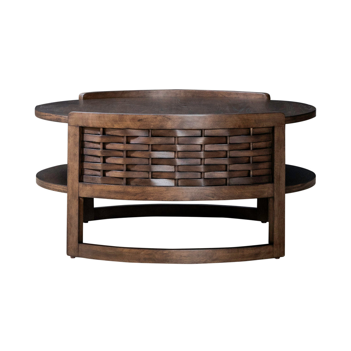 Round coffee table with slatted front panel and lower storage shelf