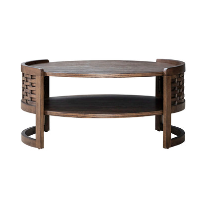 Round wooden coffee table with curved legs and lower shelf