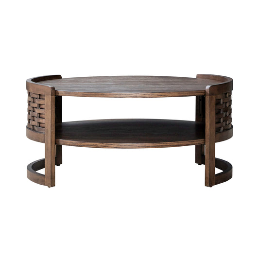 Round wooden coffee table with curved legs and lower shelf