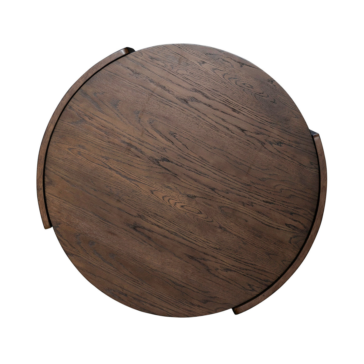 Round wooden tabletop with dark stain and visible wood grain