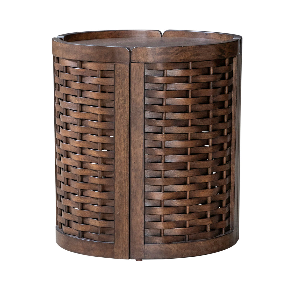 Round end table with woven wood lattice sides and dark wood round top