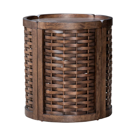 Round end table with woven wood panels around and dark wood framed top