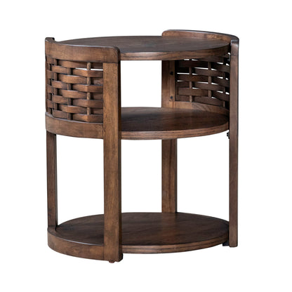 Dark wood round chairside table with woven panel sides and two-tier circular shelves