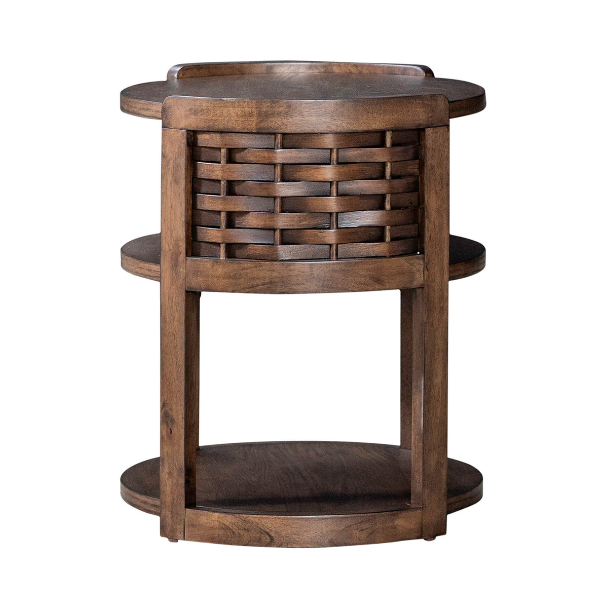 Dark wood round chairside table with open center, lower shelf, and woven side panel