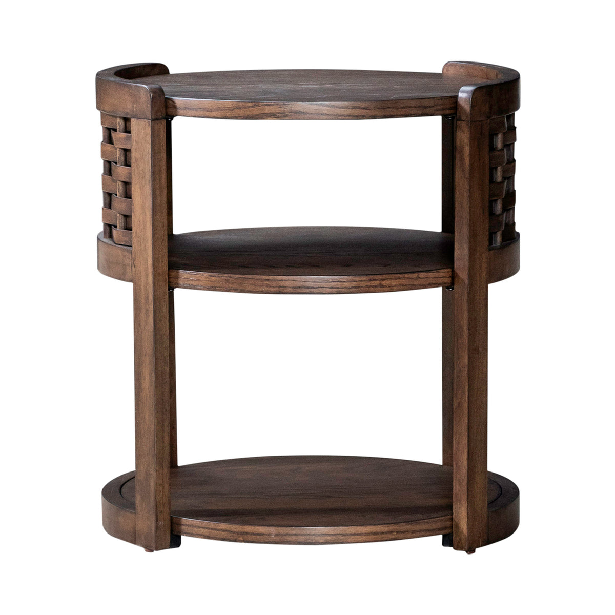 Dark wood round chairside table with two shelves and woven side details on frame