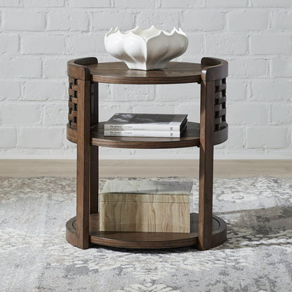 Dark wood round chairside table with top tray, lower shelf, and woven side rails