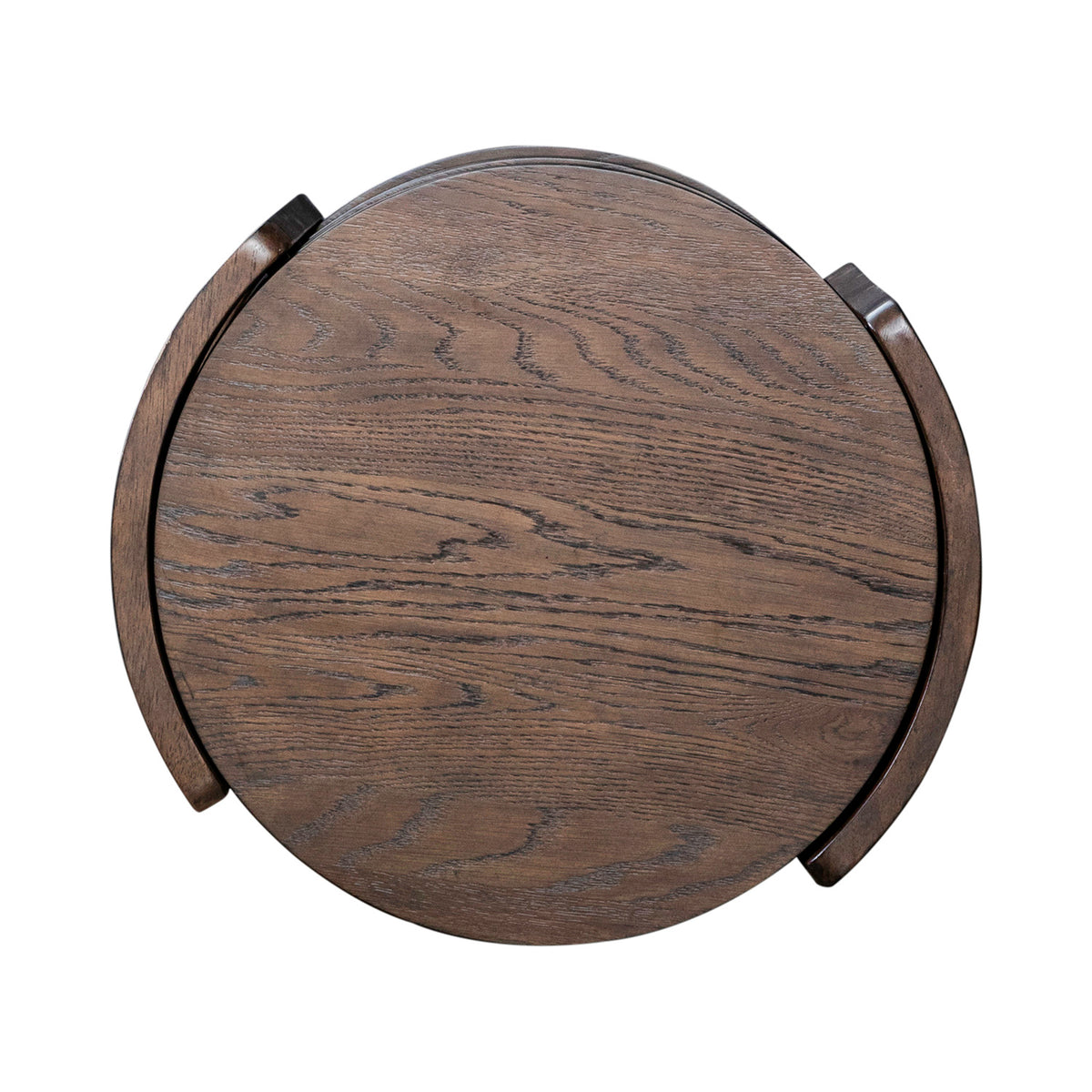 Round dark wood table top with visible grain and two metal corner brackets