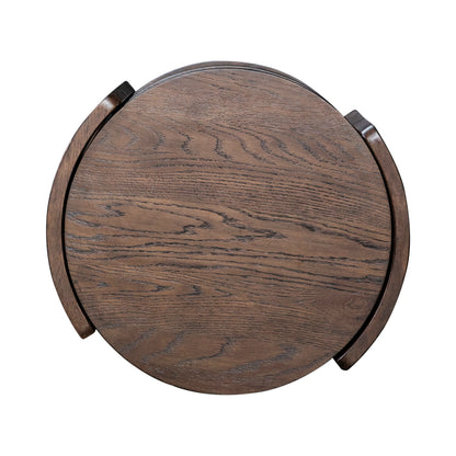 Round dark wood table top with visible grain and two metal corner brackets
