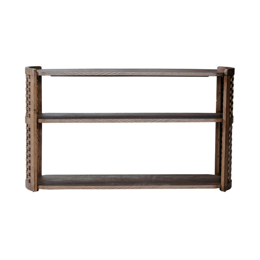 Warby sofa table front view with two shelves and slatted side frames, dark wood