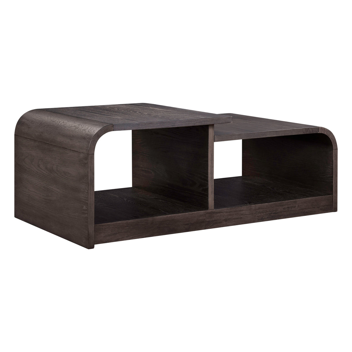 Dark wood coffee table with rounded corners and open side shelves