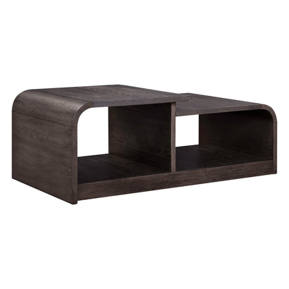 Dark wood coffee table with rounded corners and open side shelves
