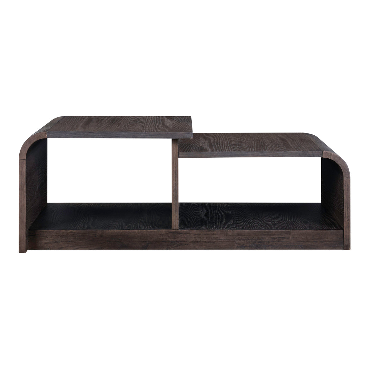 Dark wood coffee table with open shelves and central divider