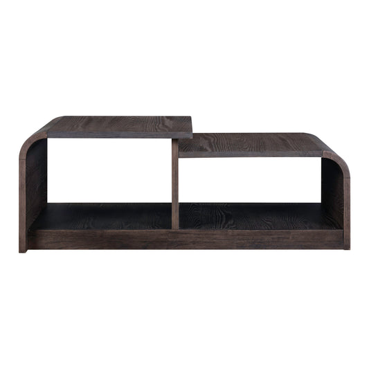 Dark wood coffee table with open shelves and central divider