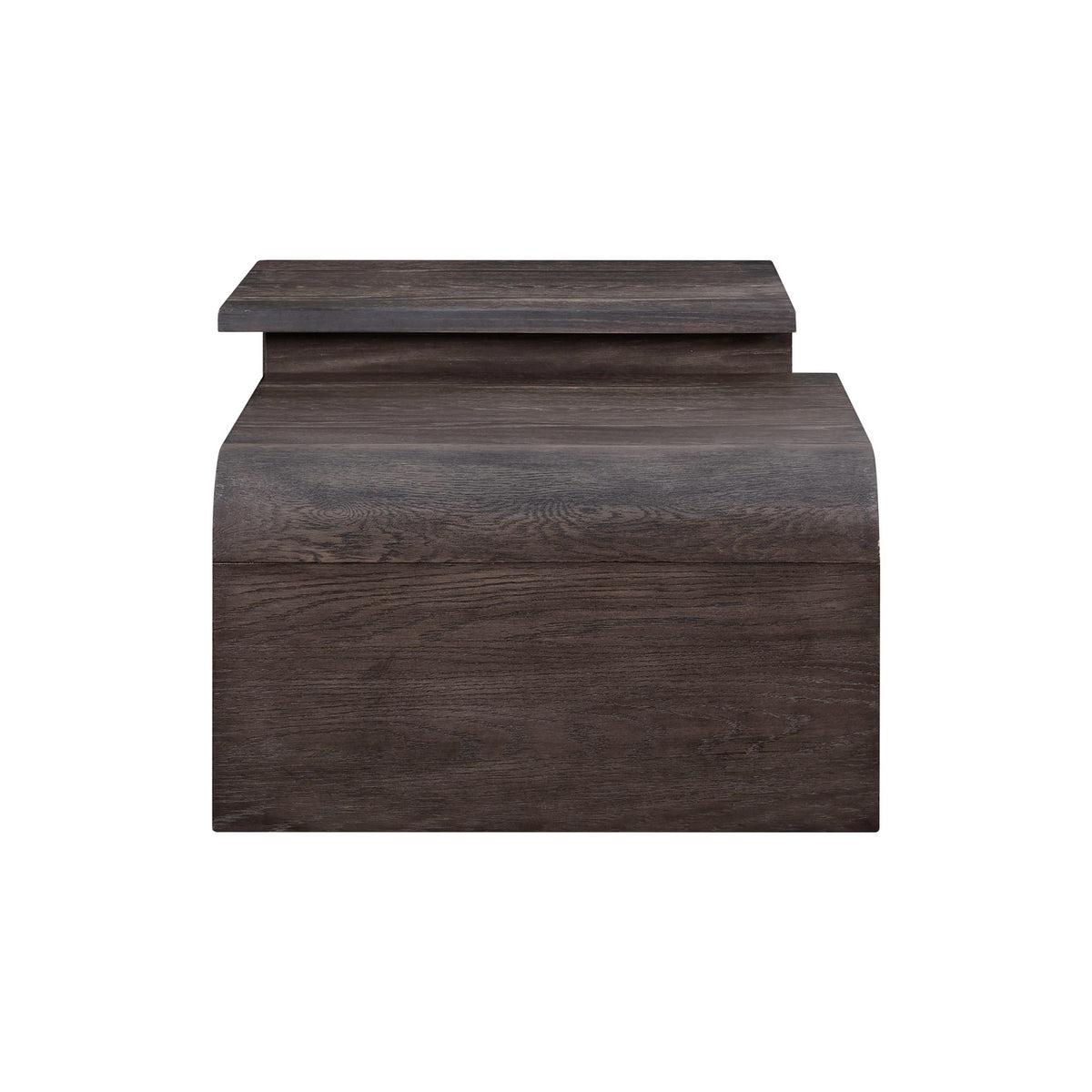 Dark wood coffee table with thick top and open lower cabinet