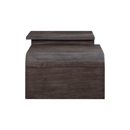 Dark wood coffee table with thick top and open lower cabinet