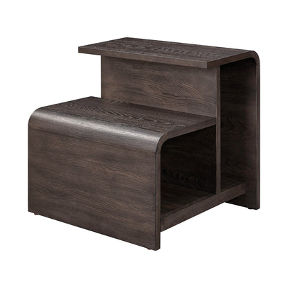 Dark wood end table with open shelf and curved cabinet sides